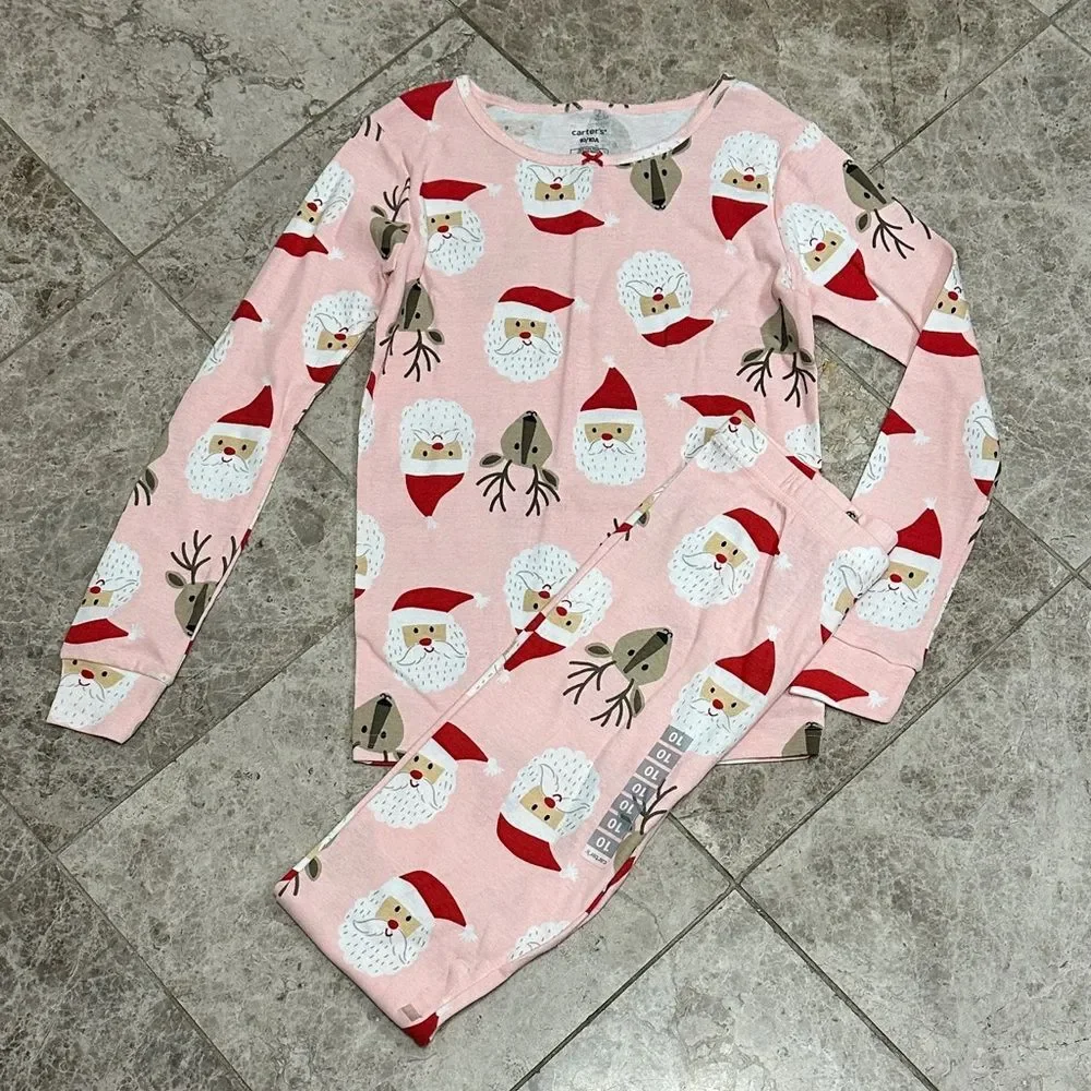 Carter’s Holiday Pajama Set NEW Pink Santa Reindeer 2pc Set Cotton Size 10